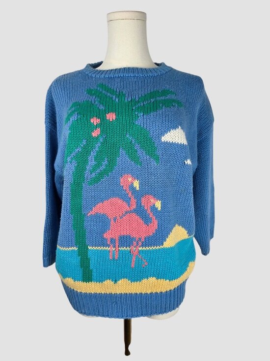 Robert Scott Ltd Sweaters - Vtg Robert Scott Hand Knit Sweater L 90s Flamingo Palm Tree Tropical Novelty
